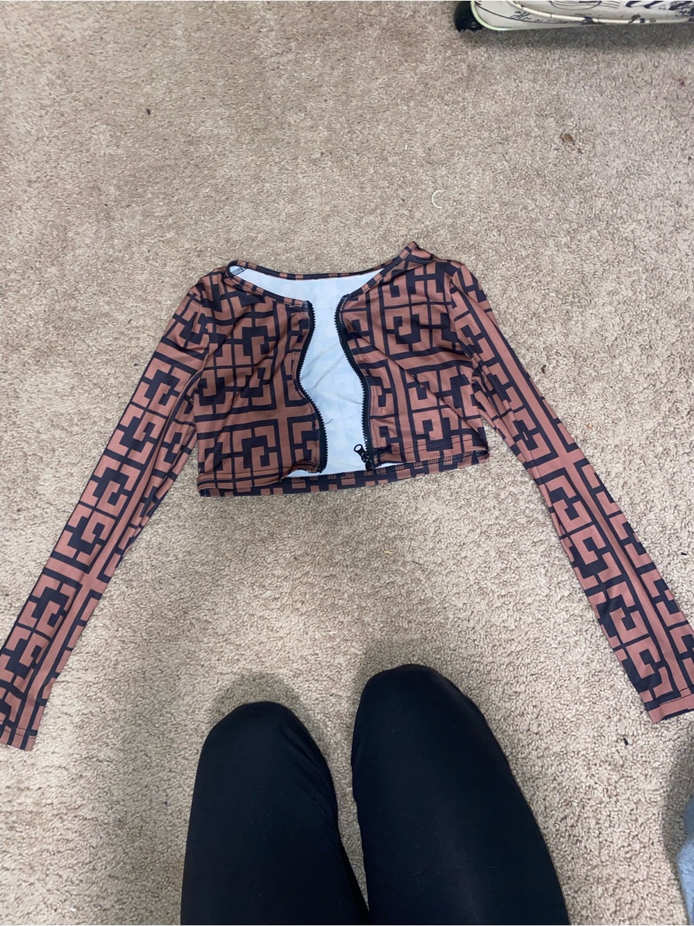 SHEIN Brown Geometric Crop Zip Jacket